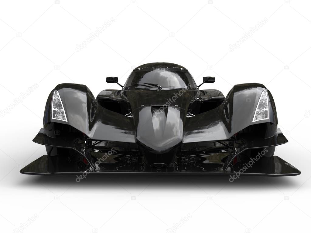 Modern black super sports race car - front view closeup shot