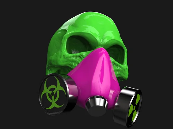 戴着粉色生物危害和辐射防护面具的绿色骷髅 — 图库照片