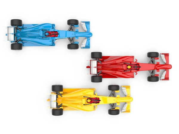 Kırmızı Mavi Sarı Süper Hızlı Yarış Arabaları Üst Manzara — Stok fotoğraf