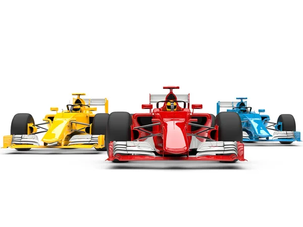 Червоні Сині Жовті Супер Швидкісні Гоночні Автомобілі Вид Спереду — стокове фото