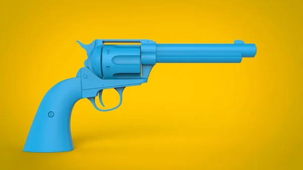 Blauw Revolver Pistool Een Gele Achtergrond — Stockfoto