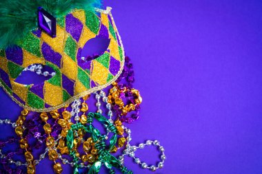 Colorful Mardi Gras mask on purple background with beads