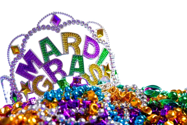Mardi Gras crown with beads on white background — Stock Photo, Image