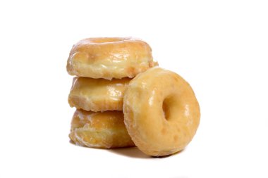 Several glazed donuts on a white background