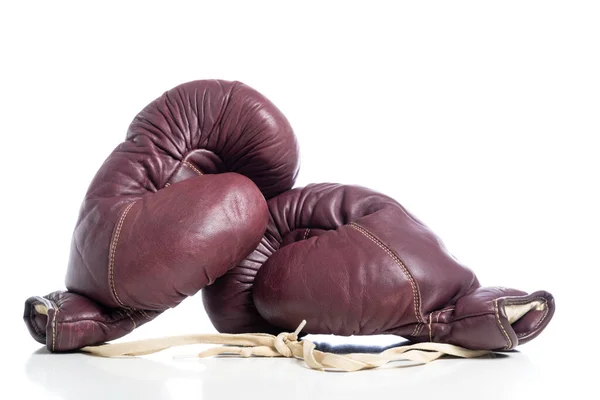 A pair of leather vintage boxing gloves on white background — Stock Photo, Image