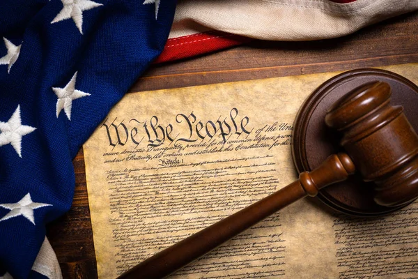 The American constitution, a gavel, and the United States flag — 스톡 사진