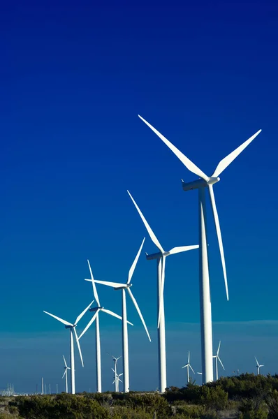 Um grupo de turbinas eólicas com fundo azul do céu Fotos De Bancos De Imagens Sem Royalties