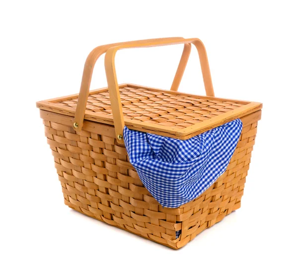 Cesta de picnic con gingham azul, tela a cuadros Imagen de stock