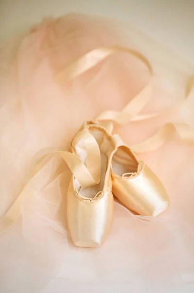Pastel pink ballet shoes lie on background. New pointe shoes with satin ribbons lie on pink airy fabric, top view. You can use as poster or background.