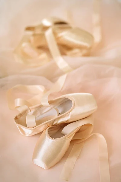 Pastel pink ballet shoes on the background. New pointe shoes with satin ribbons lie on a pink airy transparent fabric and are reflected in the mirror, top view