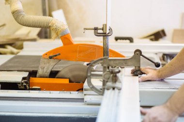 Fabrikada mobilya üretim süreci. Katılımcı ahşabı makinede işliyor