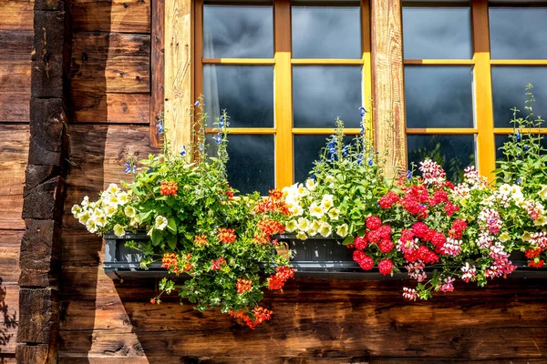 スイスの典型的な木造住宅で 花があります — ストック写真