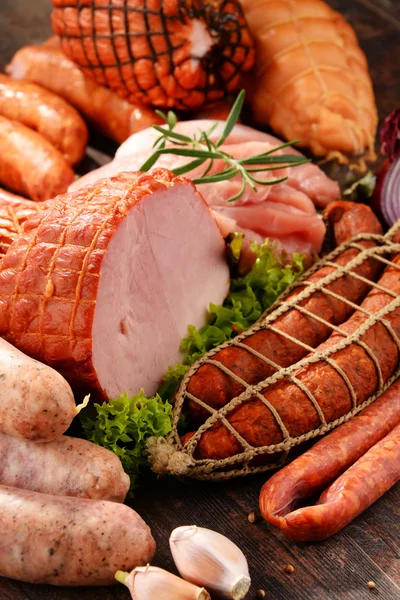 Meat products including ham and sausages — Stock Photo, Image