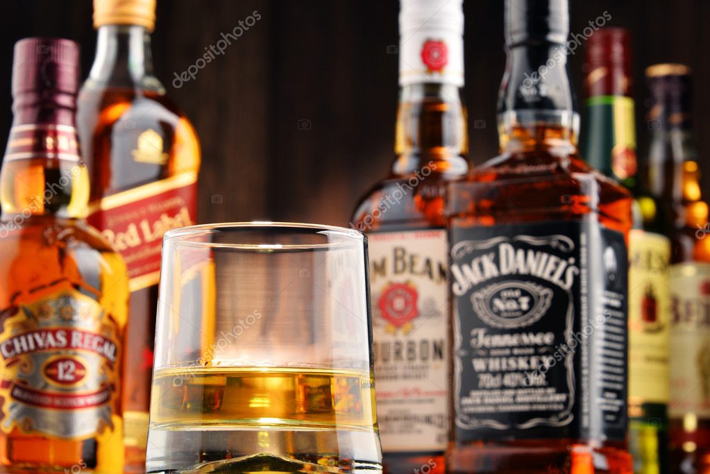 POZNAN, POLAND - OCT 12, 2016: Whiskey is the most popular liquor in the world. Originated probably in Ireland, now it is produced also in India, Scotland, USA Canada and Japan with over 230 millions of 9 liter cases sold in 2014