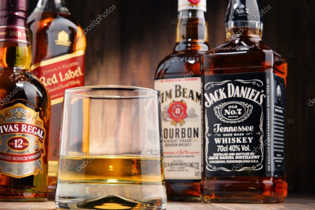POZNAN, POLAND - OCT 12, 2016: Whiskey is the most popular liquor in the world. Originated probably in Ireland, now it is produced also in India, Scotland, USA Canada and Japan with over 230 millions of 9 liter cases sold in 2014