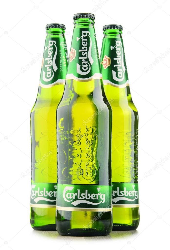 POZNAN, POLAND - OCT 28, 2016: Carlsberg globaly distributed pale lager beer produced by Carlsberg Group, a Danish brewing company founded in 1847 with headquarters located in Copenhagen, Denmark