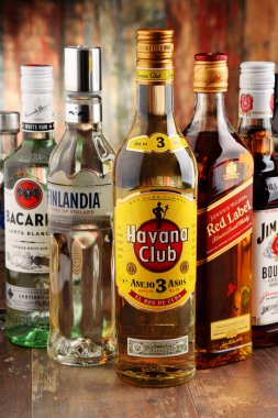 Bottles of assorted hard liquor brands clipart