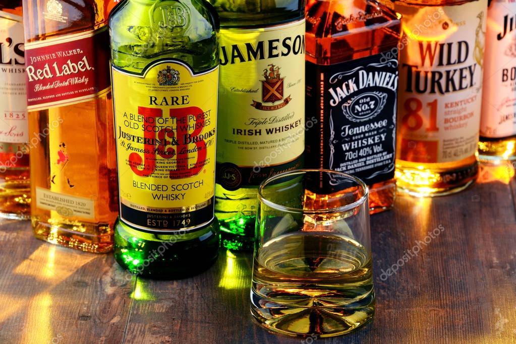 POZNAN, POLAND - NOV 23, 2016: Whiskey is the most popular liquor in the world. Originated probably in Ireland, now it is produced also in India, Scotland, USA, Canada and Japan.