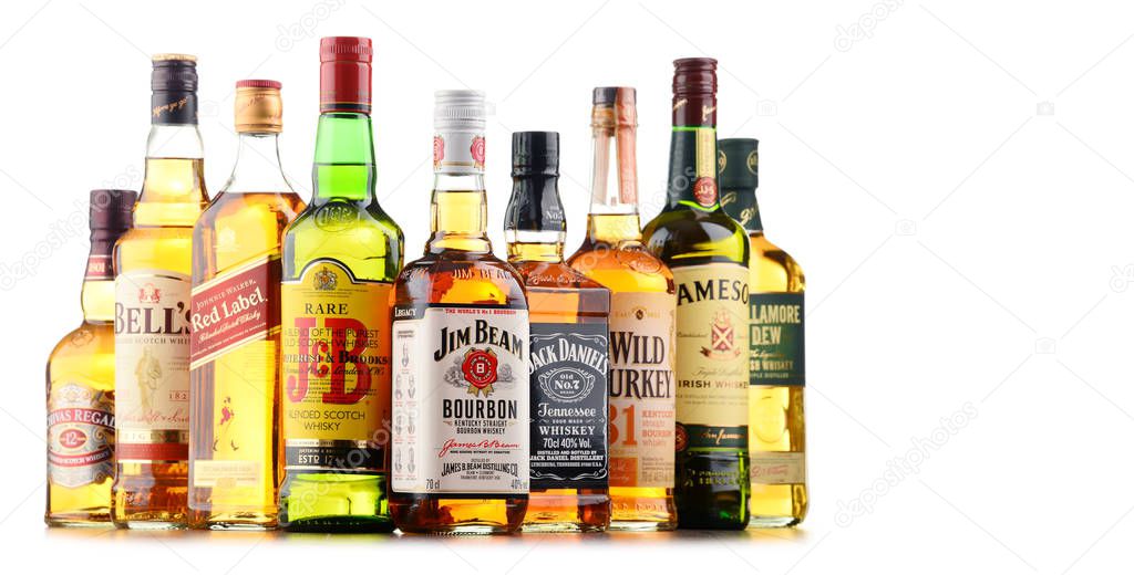 POZNAN, POLAND - NOV 23, 2016: Whiskey is the most popular liquor in the world. Originated probably in Ireland, now it is produced also in India, Scotland, USA, Canada and Japan.