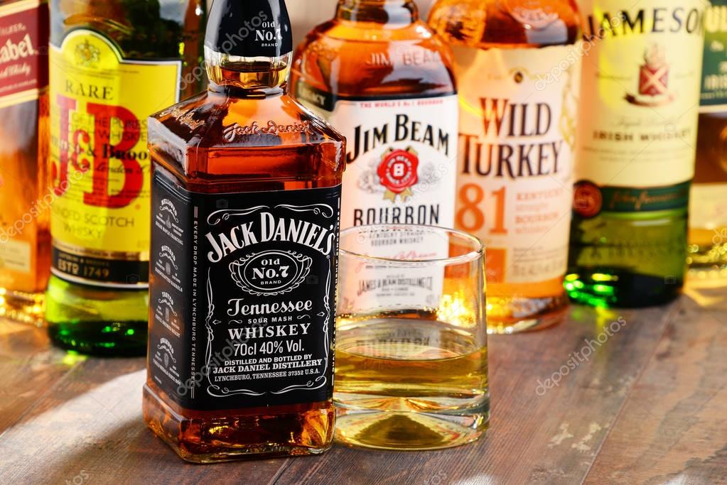 POZNAN, POLAND - NOV 23, 2016: Whiskey is the most popular liquor in the world. Originated probably in Ireland, now it is produced also in India, Scotland, USA, Canada and Japan.