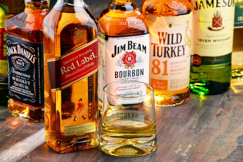 POZNAN, POLAND - NOV 23, 2016: Whiskey is the most popular liquor in the world. Originated probably in Ireland, now it is produced also in India, Scotland, USA, Canada and Japan.