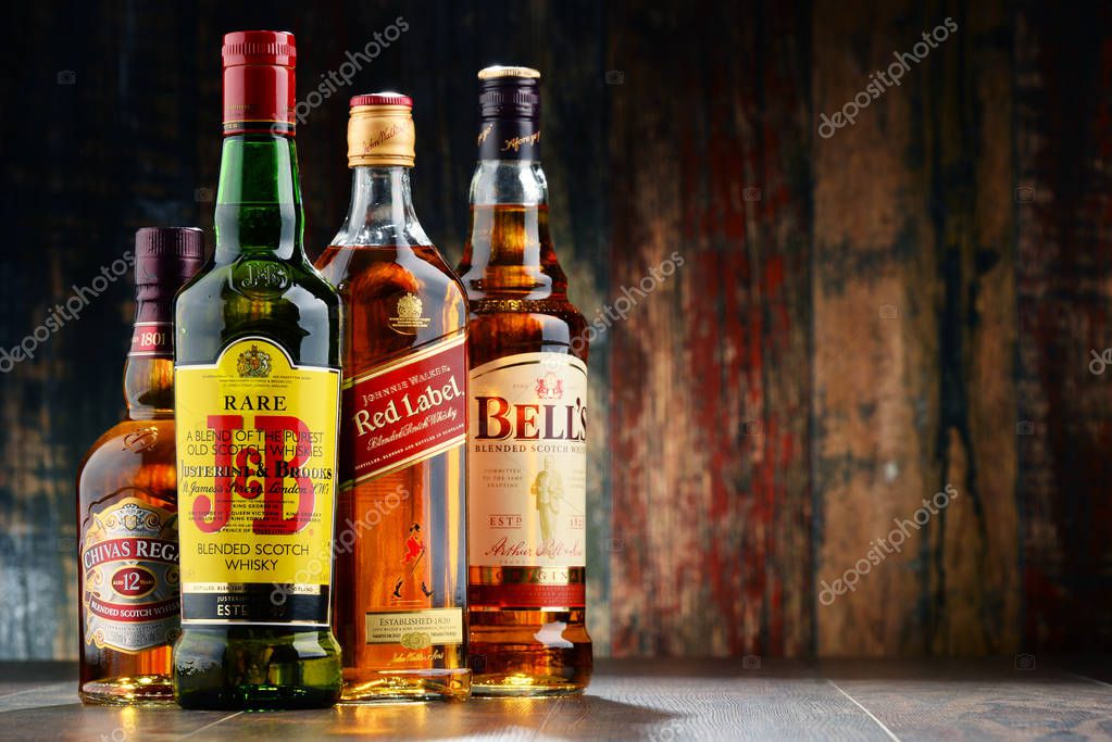 POZNAN, POLAND - NOV 23, 2016: Whiskey is the most popular liquor in the world. Originated probably in Ireland, now it is produced also in India, Scotland, USA, Canada and Japan.