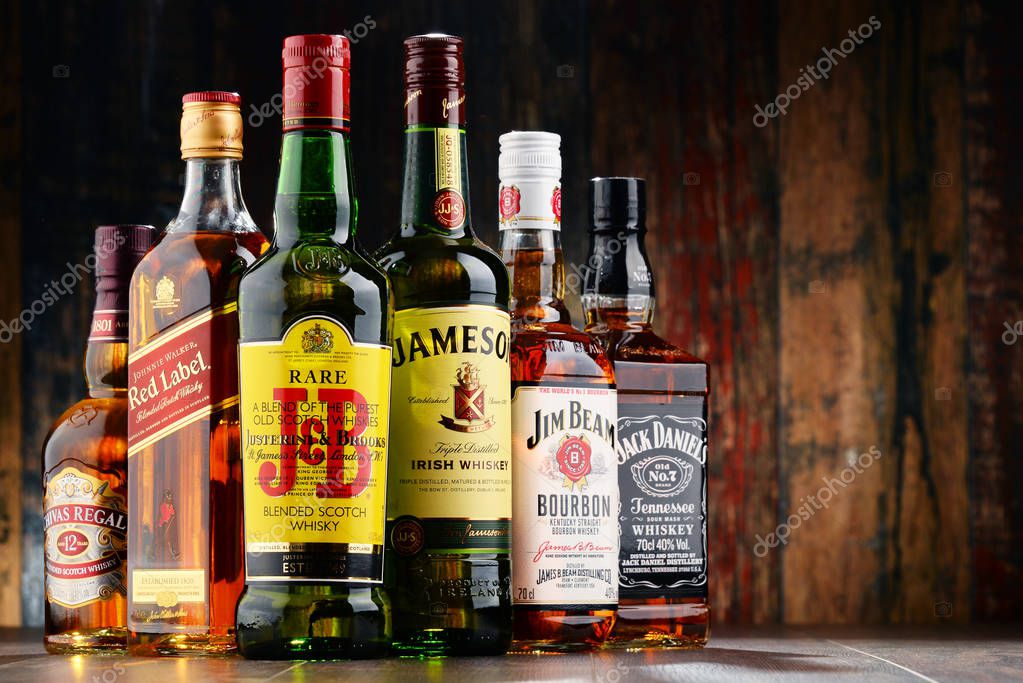 POZNAN, POLAND - NOV 23, 2016: Whiskey is the most popular liquor in the world. Originated probably in Ireland, now it is produced also in India, Scotland, USA, Canada and Japan.