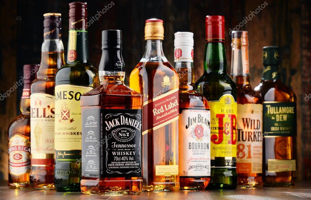 POZNAN, POLAND - NOV 23, 2016: Whiskey is the most popular liquor in the world. Originated probably in Ireland, now it is produced also in India, Scotland, USA, Canada and Japan.