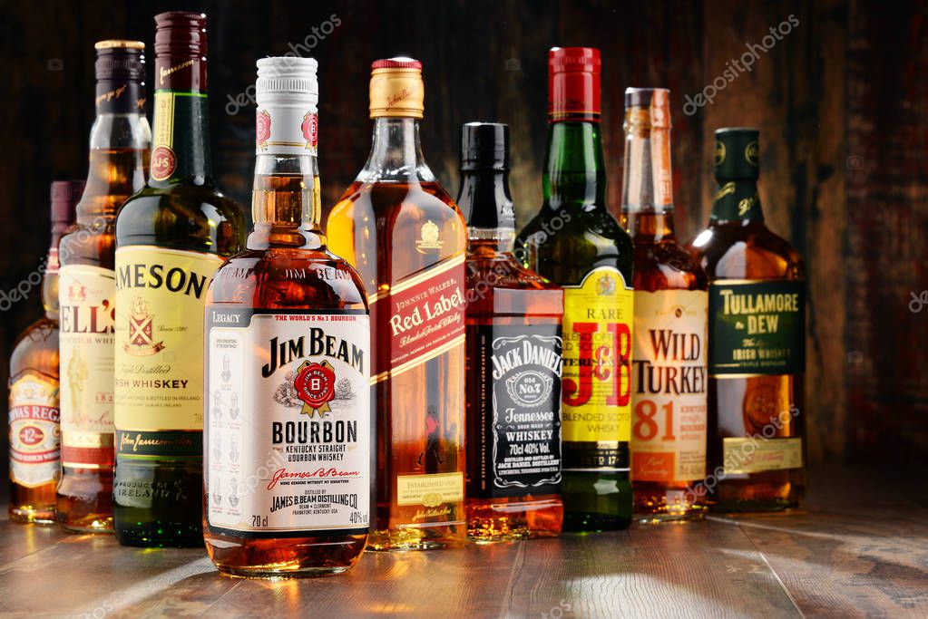 POZNAN, POLAND - NOV 23, 2016: Whiskey is the most popular liquor in the world. Originated probably in Ireland, now it is produced also in India, Scotland, USA, Canada and Japan.