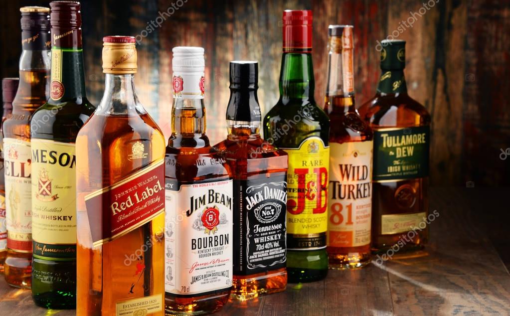 POZNAN, POLAND - NOV 23, 2016: Whiskey is the most popular liquor in the world. Originated probably in Ireland, now it is produced also in India, Scotland, USA, Canada and Japan.