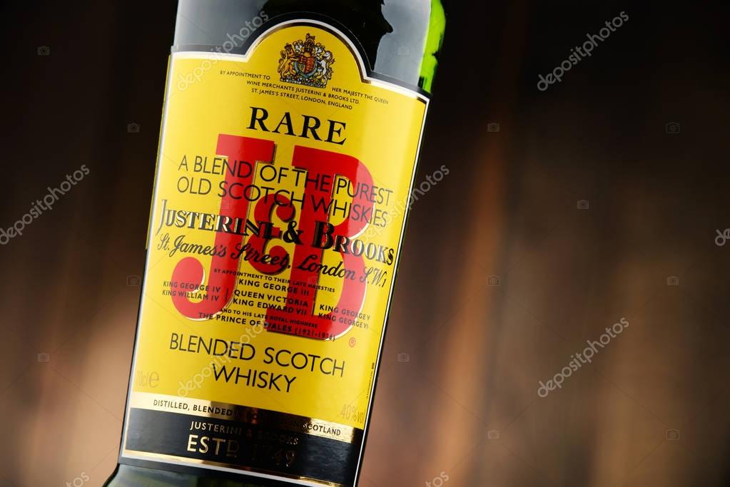 POZNAN, POLAND - NOV 22, 2016: J&B Rare blended Scotch whisky is a product of Justerini & Brooks Ltd. fine wine and spirits merchant who have been supplying to every British monarch since 1761