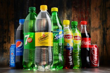 Bottles of assorted global soft drinks clipart