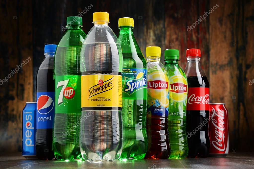 POZNAN, POLAND - NOV 23, 2016: Global soft drink market is dominated by brands of few multinational companies founded in North America. Among them are Pepsico, Coca Cola and Dr. Pepper Snapple Group