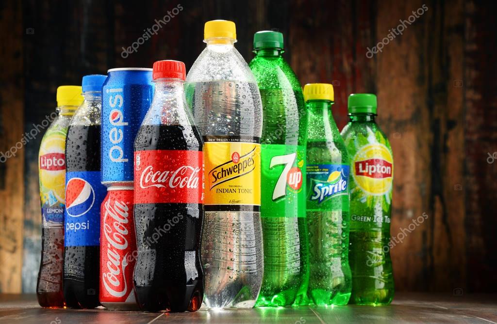 POZNAN, POLAND - NOV 23, 2016: Global soft drink market is dominated by brands of few multinational companies founded in North America. Among them are Pepsico, Coca Cola and Dr. Pepper Snapple Group