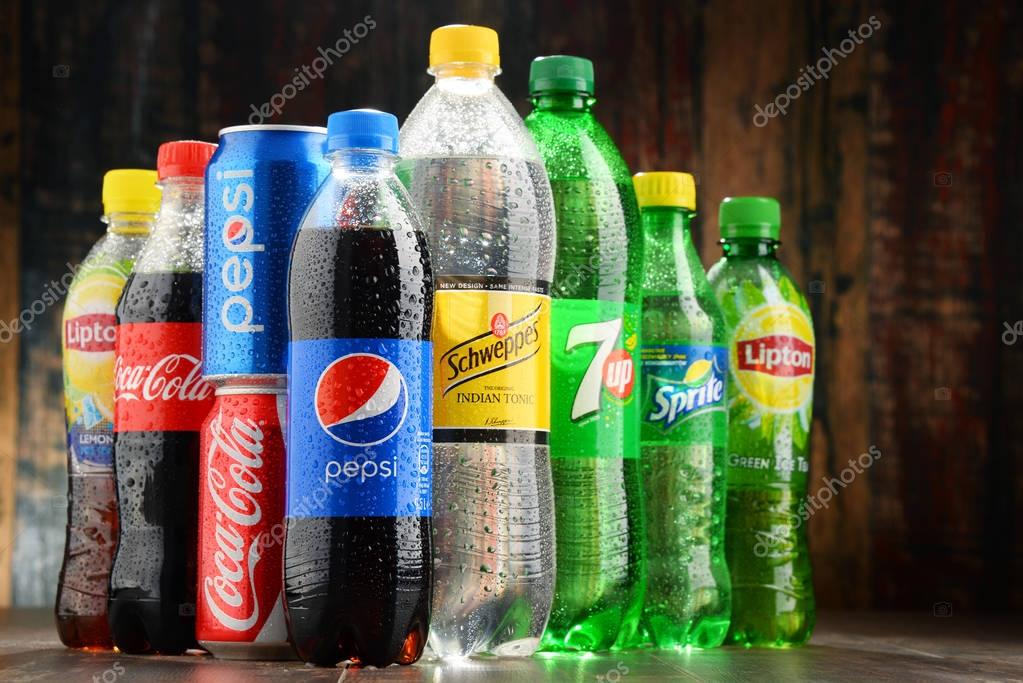 POZNAN, POLAND - NOV 23, 2016: Global soft drink market is dominated by brands of few multinational companies founded in North America. Among them are Pepsico, Coca Cola and Dr. Pepper Snapple Group