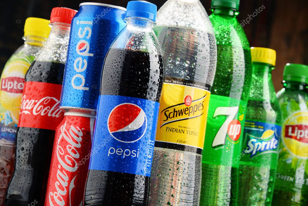 POZNAN, POLAND - NOV 23, 2016: Global soft drink market is dominated by brands of few multinational companies founded in North America. Among them are Pepsico, Coca Cola and Dr. Pepper Snapple Group