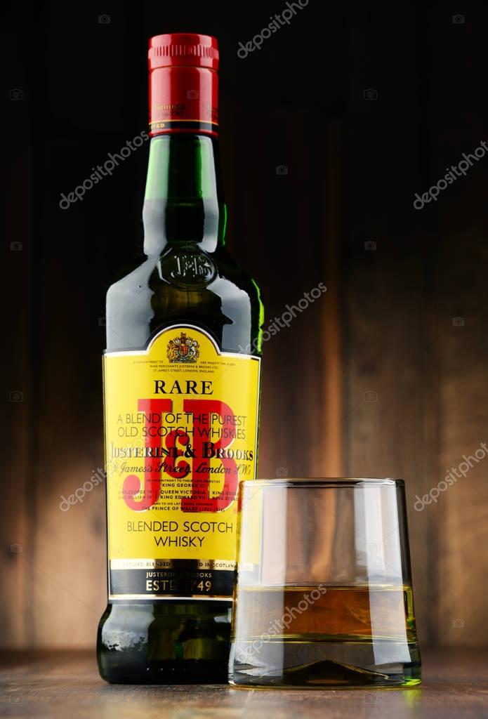 POZNAN, POLAND - NOV 22, 2016: J&B Rare blended Scotch whisky is a product of Justerini & Brooks Ltd. fine wine and spirits merchant who have been supplying to every British monarch since 1761