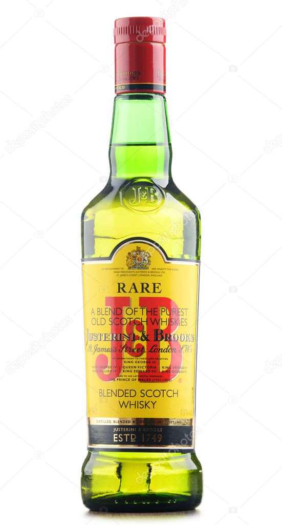 POZNAN, POLAND - NOV 22, 2016: J&B Rare blended Scotch whisky is a product of Justerini & Brooks Ltd. fine wine and spirits merchant who have been supplying to every British monarch since 1761