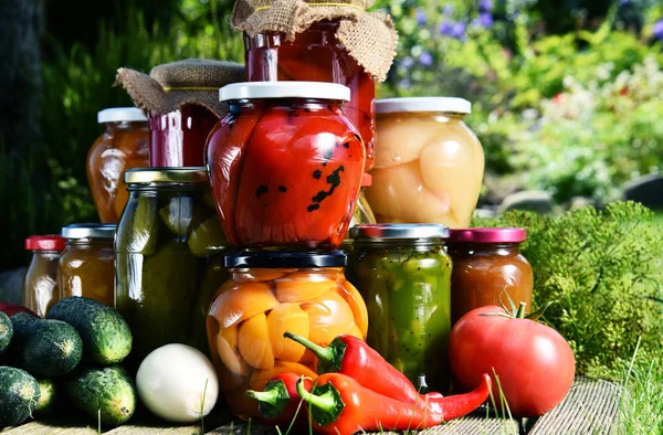 Vasi di verdure sottaceto e frutta in giardino — Foto Stock
