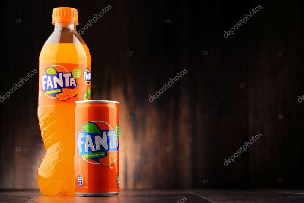 POZNAN, POLAND - JAN 20, 2017: Fanta is a global brand of fruit-flavored carbonated soft drinks created by The Coca-Cola Company in Germany in 1940