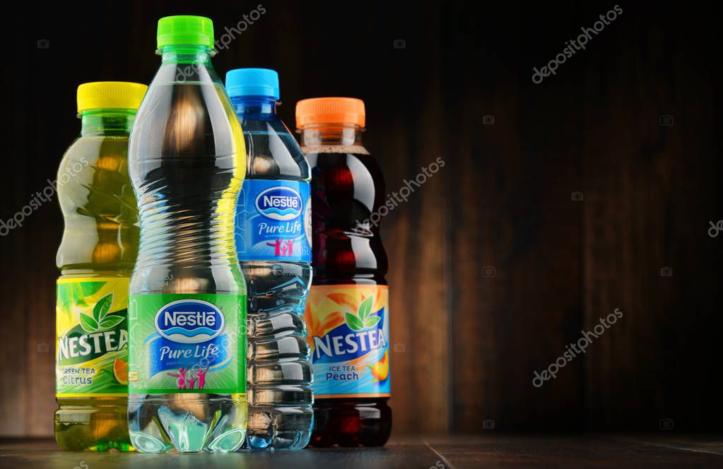 POZNAN, POLAND - JAN 18, 2017: Nestle is a transnational food and drink company headquartered in Vevey, Vaud, Switzerland. Among its 8,000 brands are bottled water and very popular nestea drinks