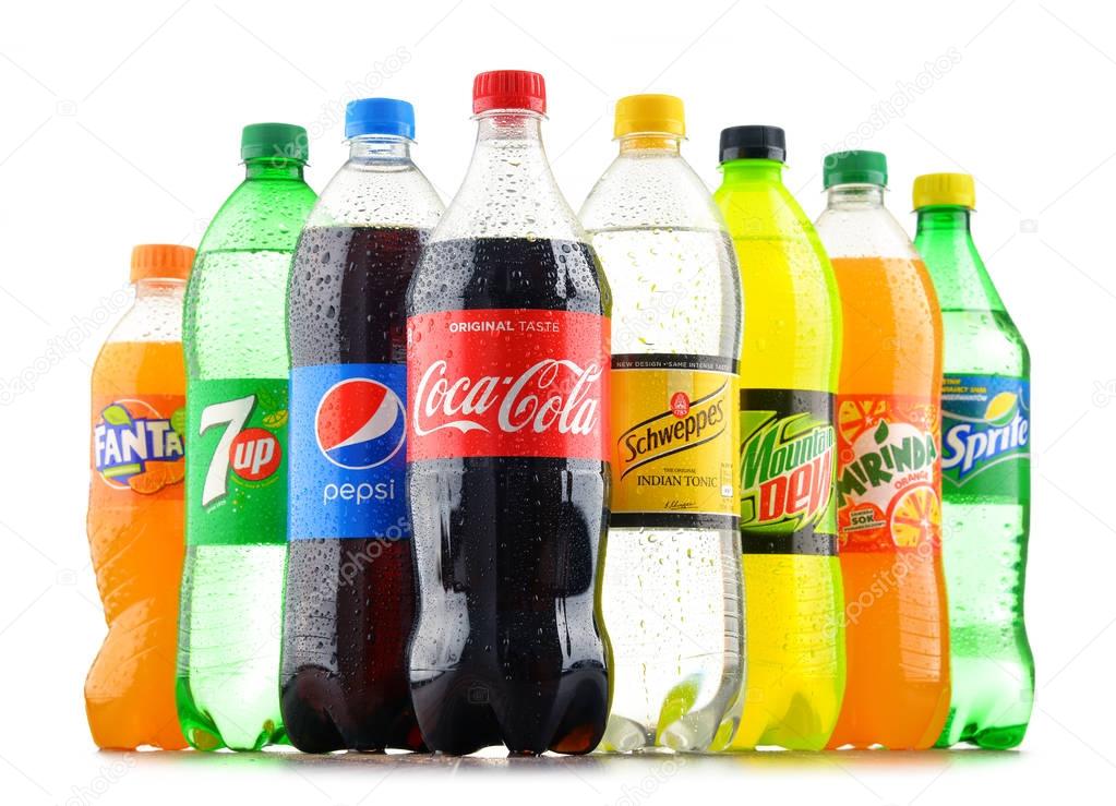 POZNAN, POLAND - JAN 18, 2017: Global soft drink market is dominated by brands of few multinational companies founded in North America. Among them are Pepsico, Coca Cola and Dr. Pepper Snapple Group