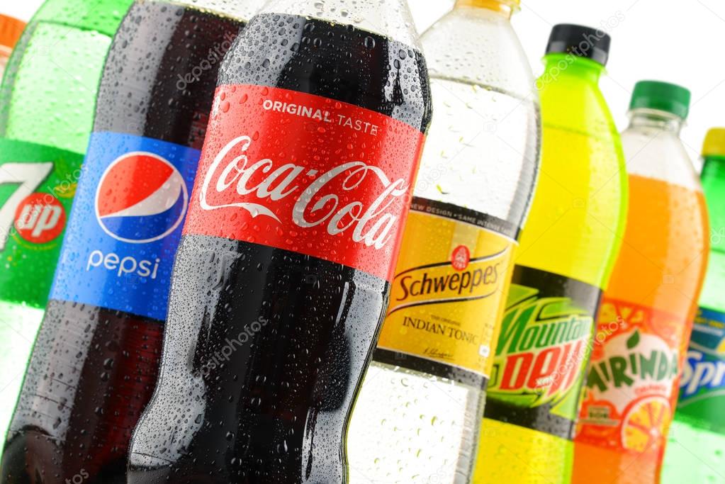 POZNAN, POLAND - JAN 18, 2017: Global soft drink market is dominated by brands of few multinational companies founded in North America. Among them are Pepsico, Coca Cola and Dr. Pepper Snapple Group