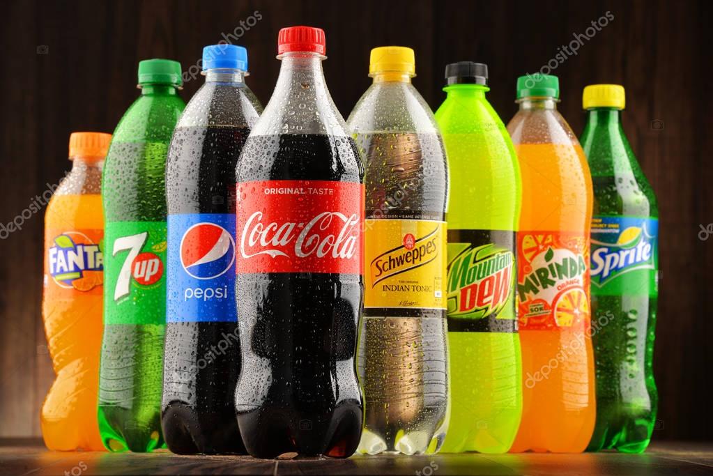 POZNAN, POLAND - JAN 18, 2017: Global soft drink market is dominated by brands of few multinational companies founded in North America. Among them are Pepsico, Coca Cola and Dr. Pepper Snapple Group