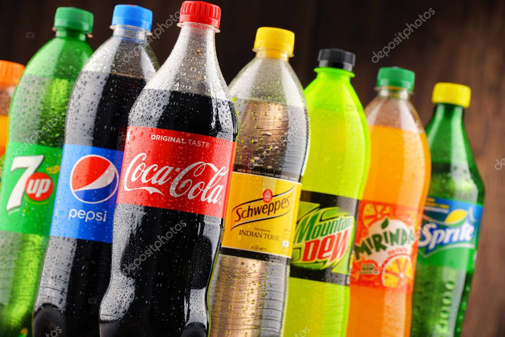 POZNAN, POLAND - JAN 18, 2017: Global soft drink market is dominated by brands of few multinational companies founded in North America. Among them are Pepsico, Coca Cola and Dr. Pepper Snapple Group
