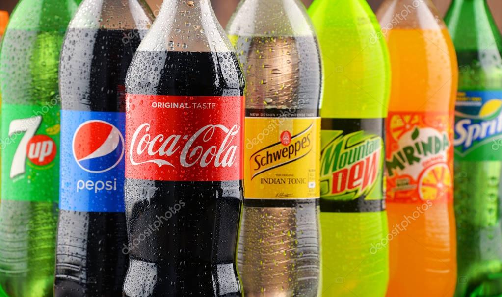 POZNAN, POLAND - JAN 18, 2017: Global soft drink market is dominated by brands of few multinational companies founded in North America. Among them are Pepsico, Coca Cola and Dr. Pepper Snapple Group
