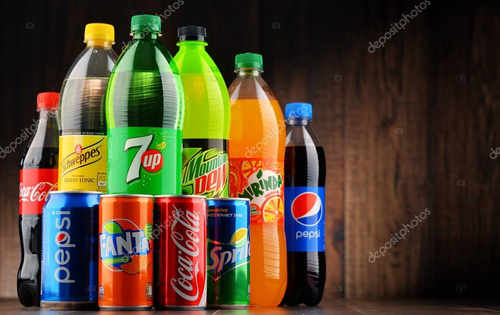 POZNAN, POLAND - JAN 18, 2017: Global soft drink market is dominated by brands of few multinational companies founded in North America. Among them are Pepsico, Coca Cola and Dr. Pepper Snapple Group