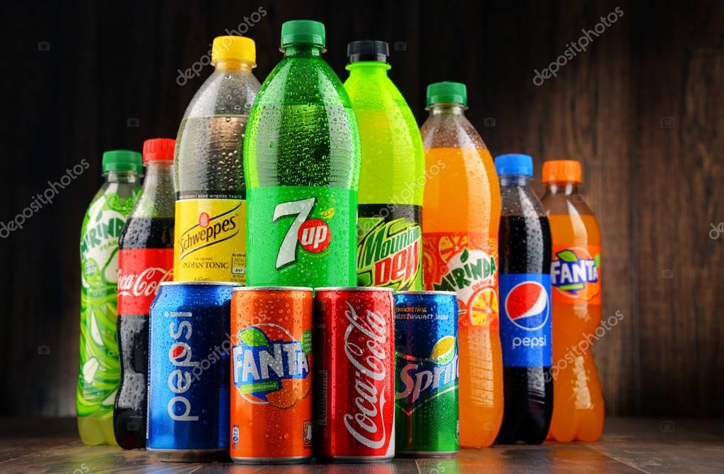 POZNAN, POLAND - JAN 18, 2017: Global soft drink market is dominated by brands of few multinational companies founded in North America. Among them are Pepsico, Coca Cola and Dr. Pepper Snapple Group