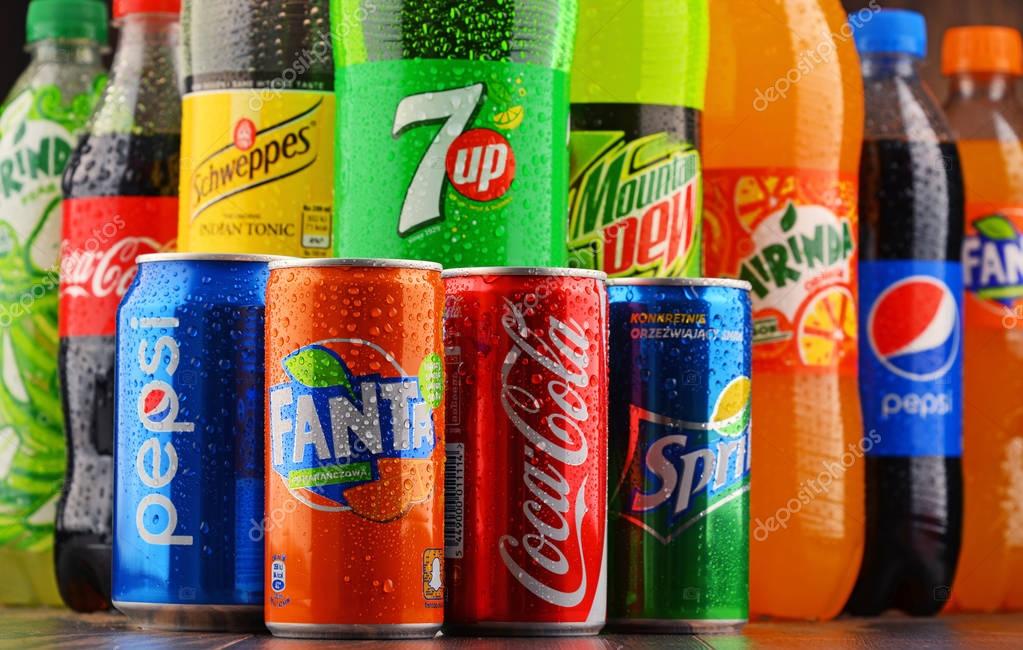 POZNAN, POLAND - JAN 18, 2017: Global soft drink market is dominated by brands of few multinational companies founded in North America. Among them are Pepsico, Coca Cola and Dr. Pepper Snapple Group