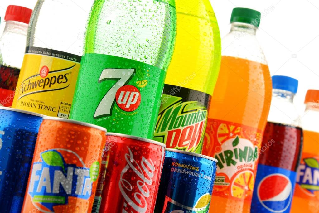 POZNAN, POLAND - JAN 18, 2017: Global soft drink market is dominated by brands of few multinational companies founded in North America. Among them are Pepsico, Coca Cola and Dr. Pepper Snapple Group